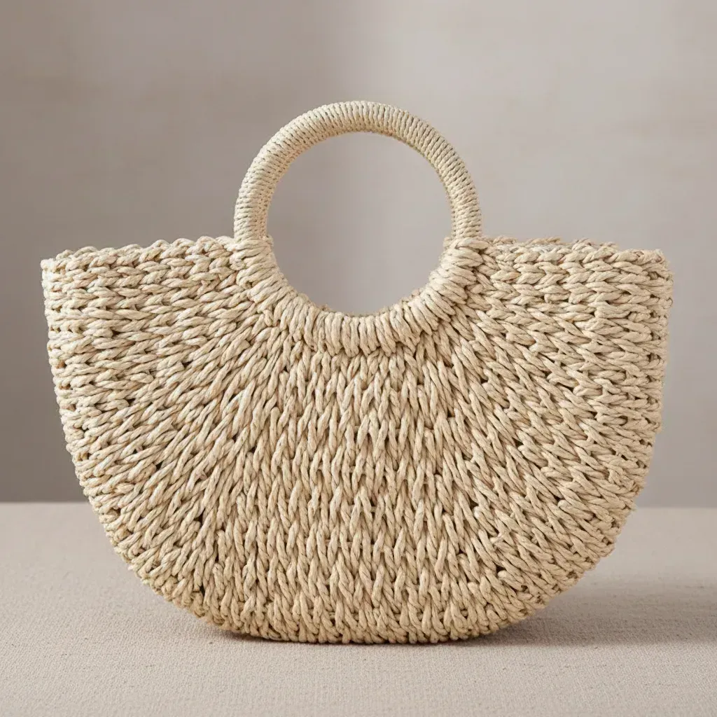 Bolso de mano de paja tejida con asa circular; color beige.