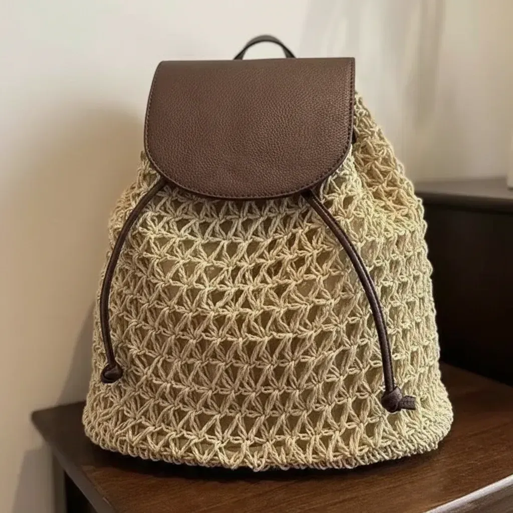 Mochila tejida de color tostado con solapa y cordón de cuero marrón, sobre una plataforma de madera junto a una playa.