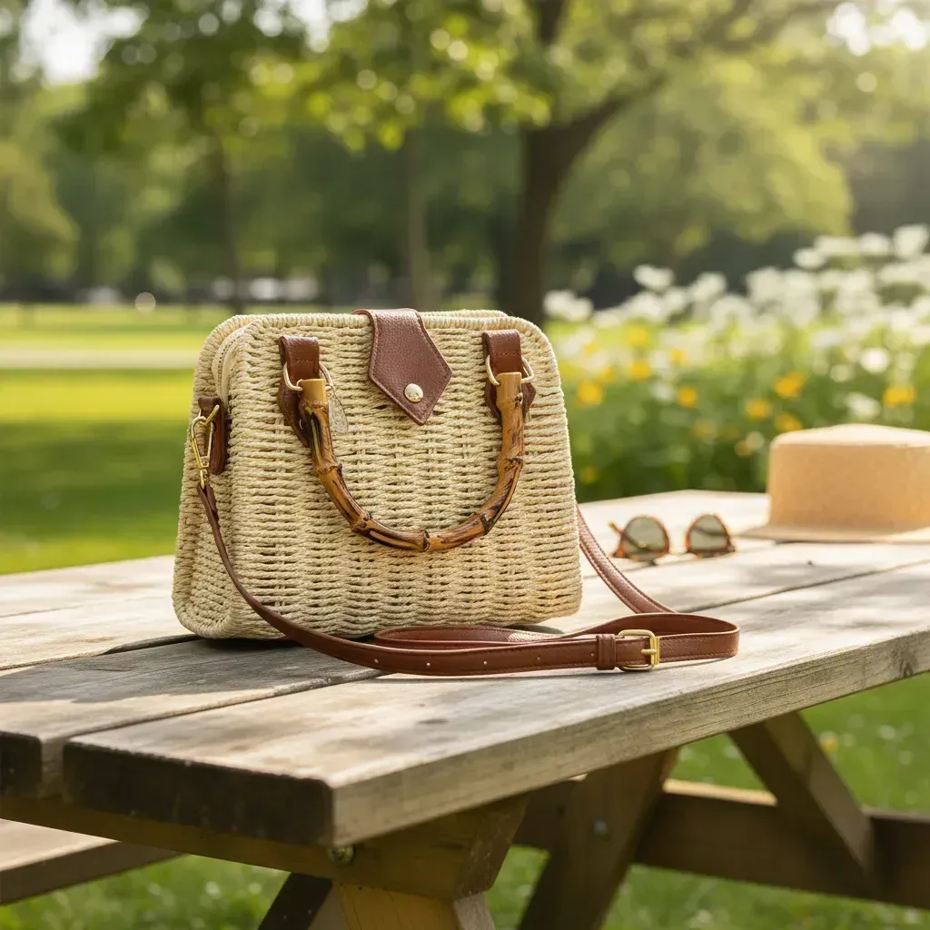 Bolso de mano de paja tejida con asa de bambú, detalles de cuero y cierre sobre superficie de piedra para exterior.