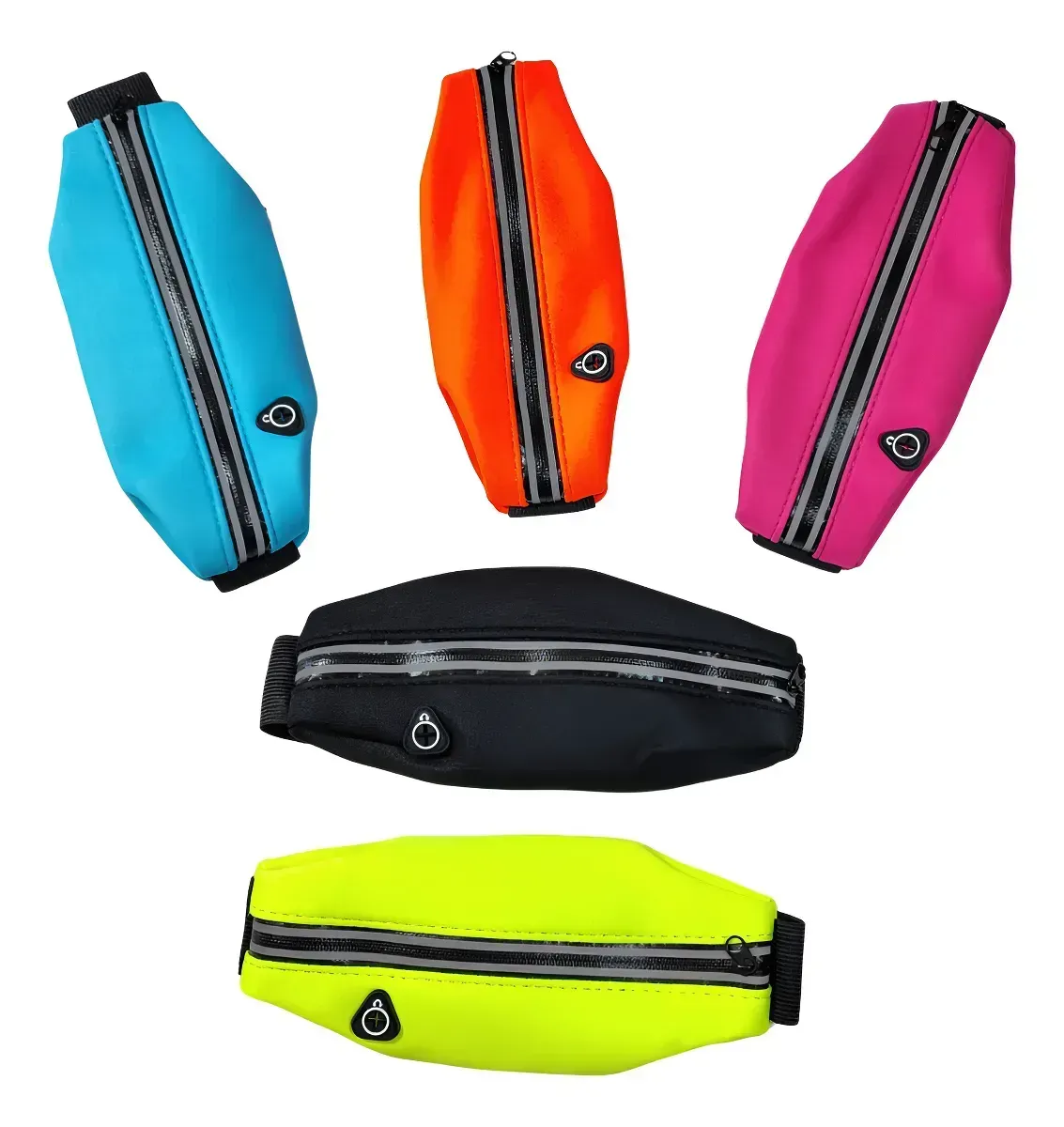 Cinco riñoneras de colores brillantes: azul, naranja, rosa, negro y amarillo.