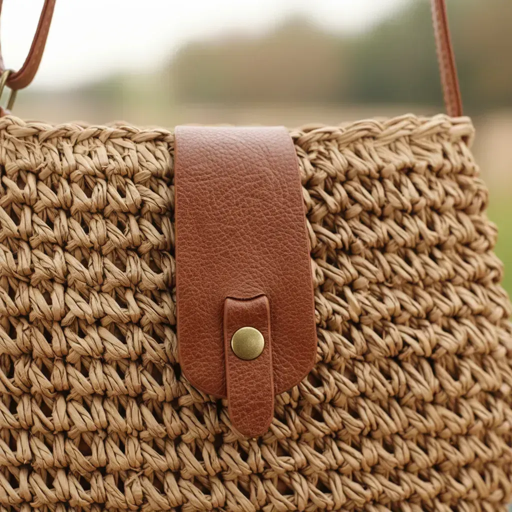 Bolso de hombro de paja tejida con cierre y correas de cuero marrón, sobre una mesa de madera al aire libre.