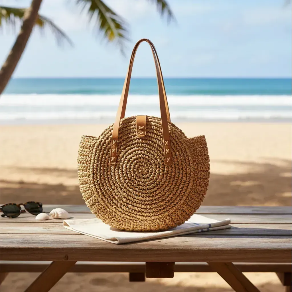 Bolso de playa redondo de paja tejida con correas de cuero sobre una mesa de madera cerca del océano.
