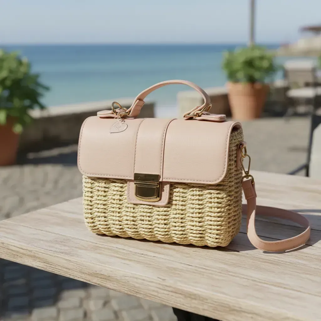 Bolso de mano tejido en color beige con solapa y asa en color rosa claro, herrajes dorados y correa desmontable.