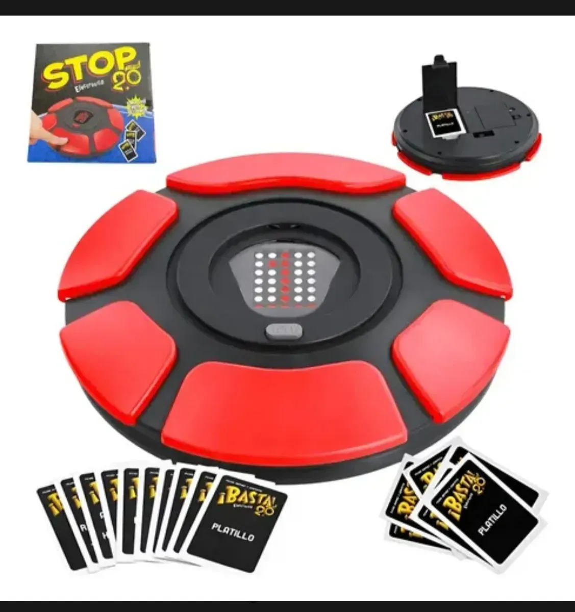 Una caja de juego de mesa y un disco con cartas.