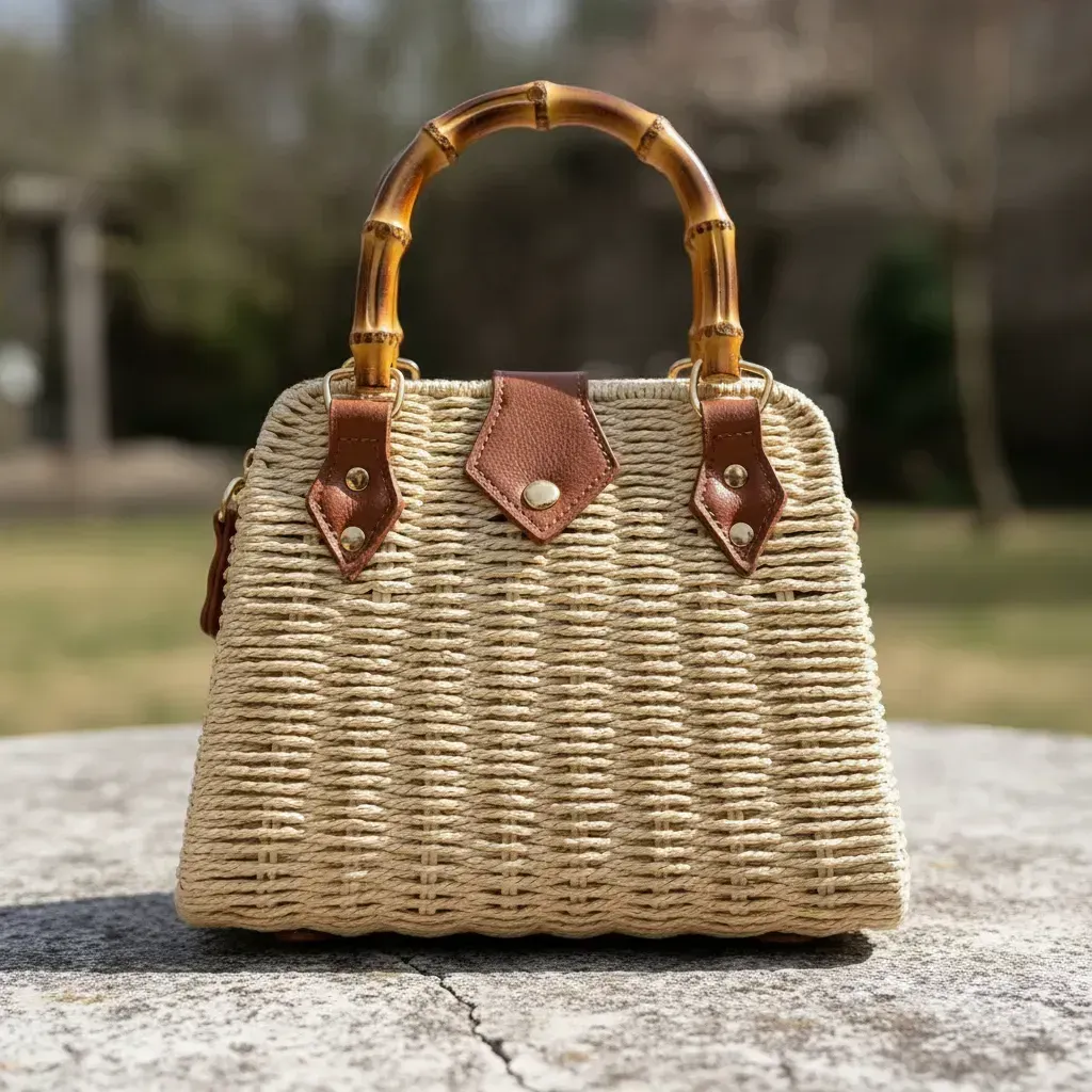 Bolso de mano de paja tejida con asa de bambú, detalles de cuero y cierre sobre superficie de piedra para exterior.
