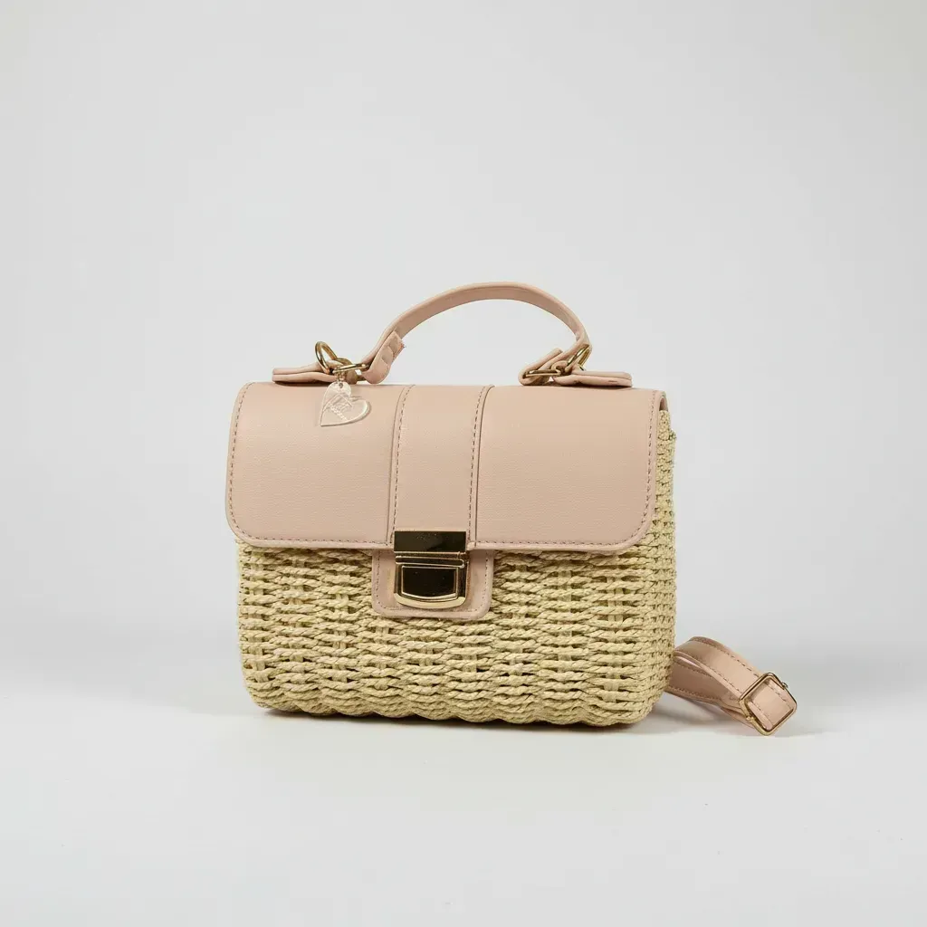 Bolso de mano tejido en color beige con solapa y asa en color rosa claro, herrajes dorados y correa desmontable.