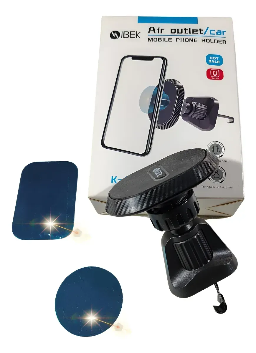 Soporte de teléfono para coche con caja y dos placas metálicas adhesivas.