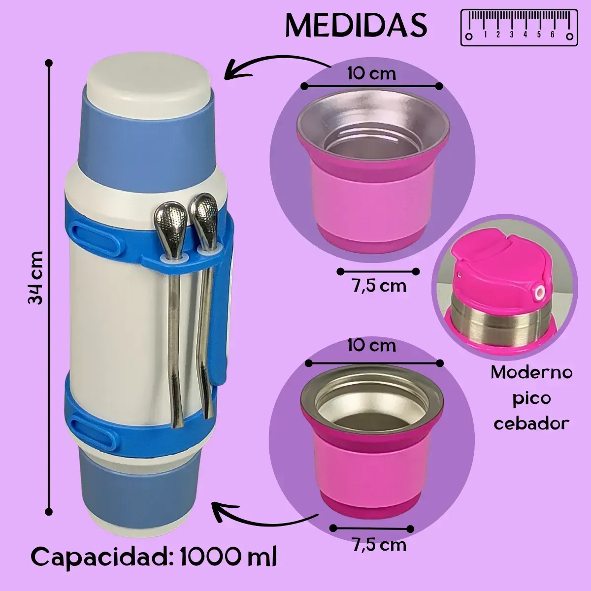 Termo 2en1 C/bombillas 1lt. Acero Inox. Compatible Stanley