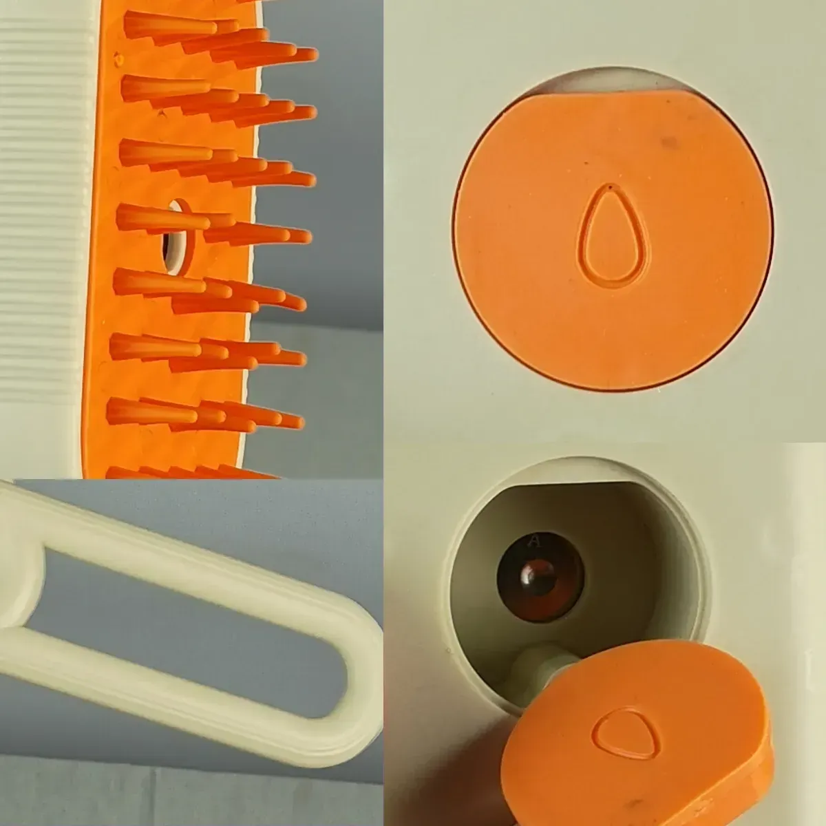 Cepillo masajeador eléctrico para mascotas con función de rociado, en caja y cable USB. Beige y naranja.