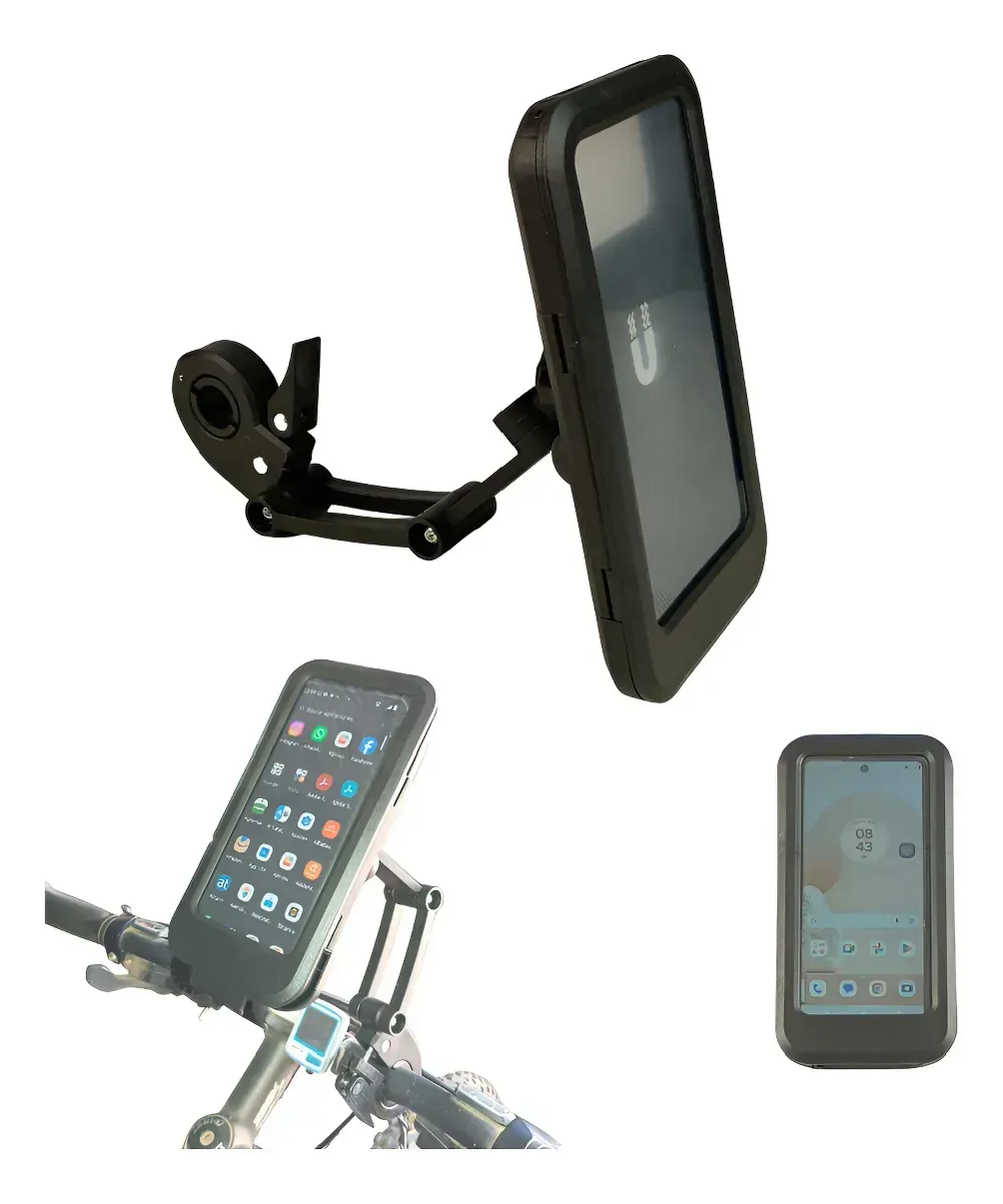 Soporte negro para smartphone, fijado al manillar de una bicicleta. Protege y muestra la pantalla del teléfono.
