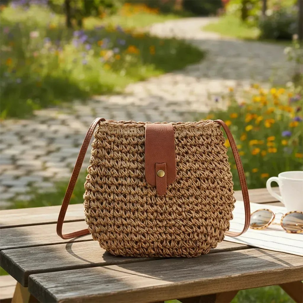 Bolso de hombro de paja tejida con cierre y correas de cuero marrón, sobre una mesa de madera al aire libre.