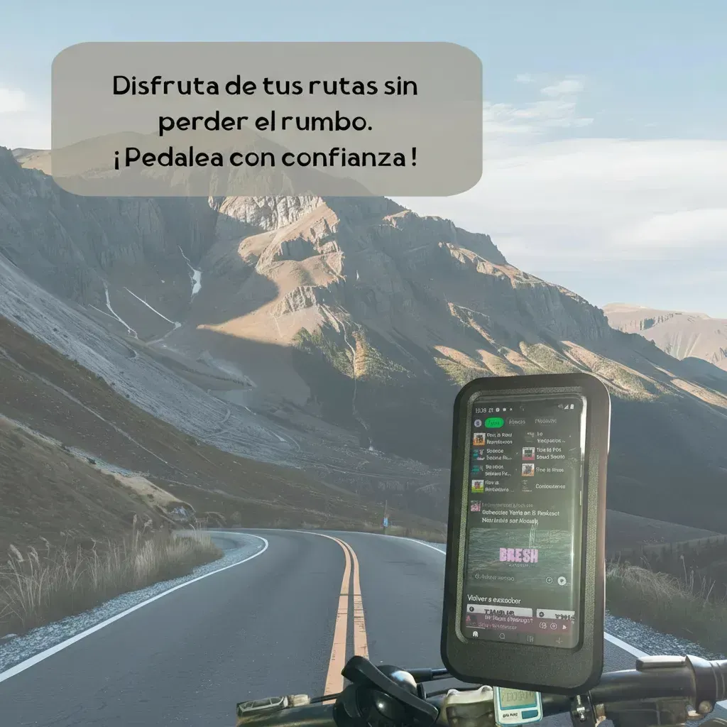 Soporte negro para smartphone, fijado al manillar de una bicicleta. Protege y muestra la pantalla del teléfono.