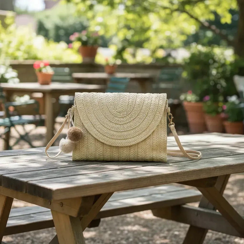 Bolso de hombro de paja con pompones sobre una mesa de picnic de madera, entorno al aire libre.