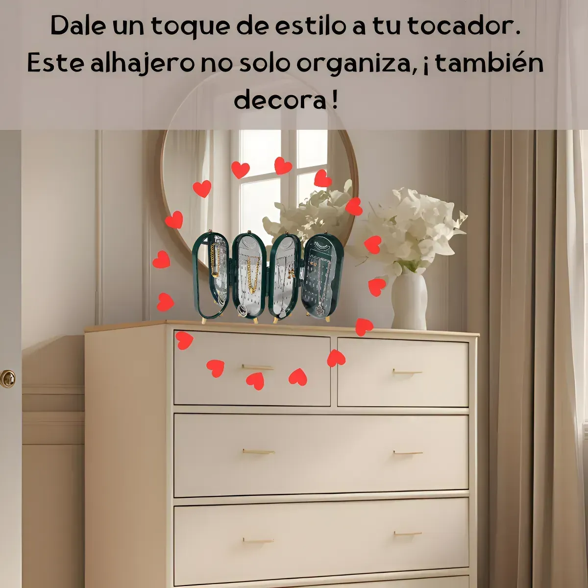 Organizador de joyas verde con tres paneles ovalados y una caja verde.