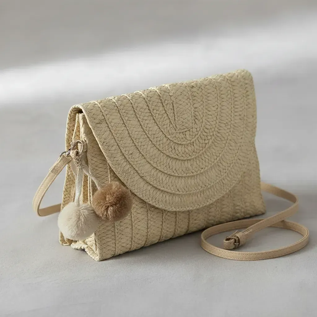 Clutch de paja color canela con charm de pompón y correa para el hombro.