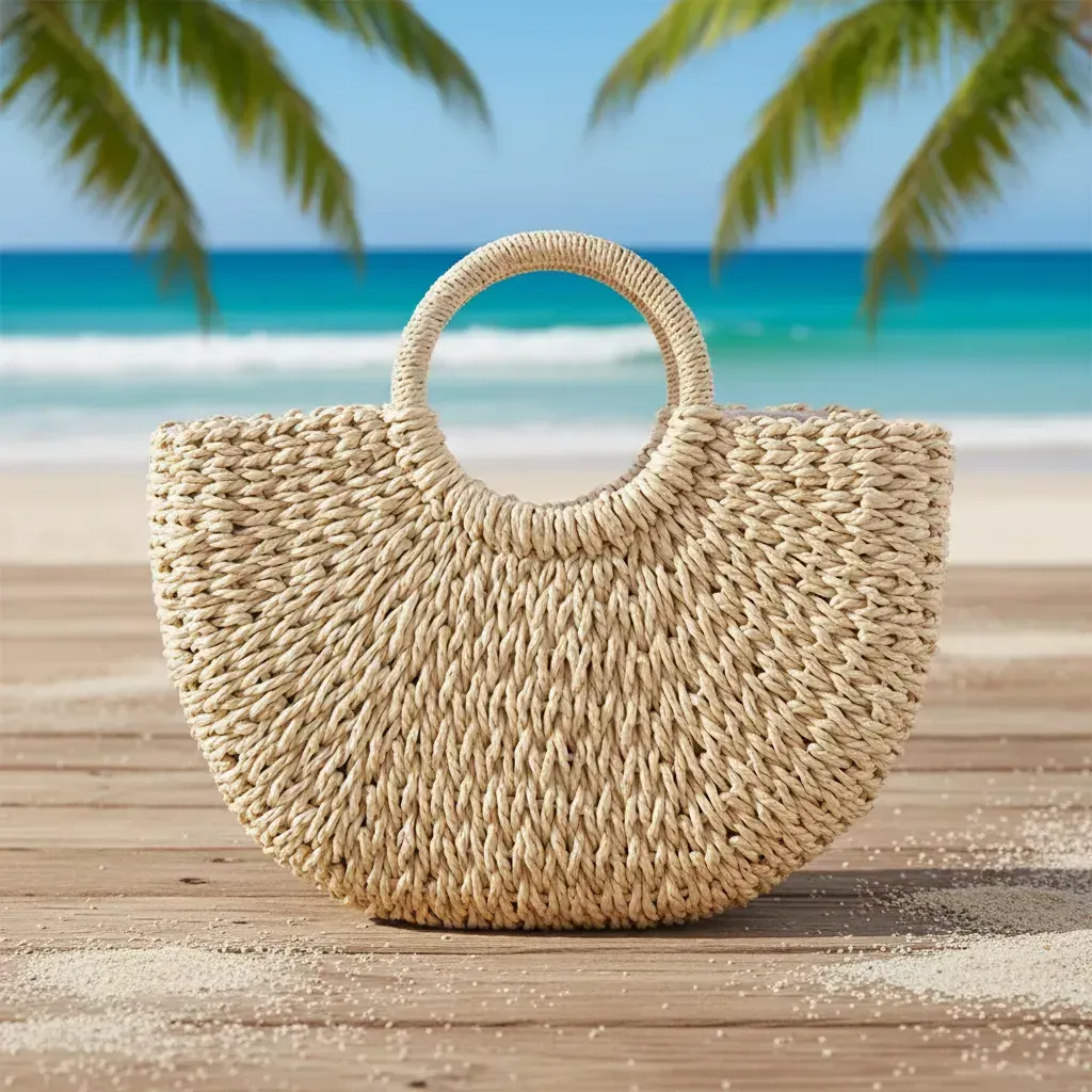 Bolso de mano de paja tejida con asa circular; color beige.