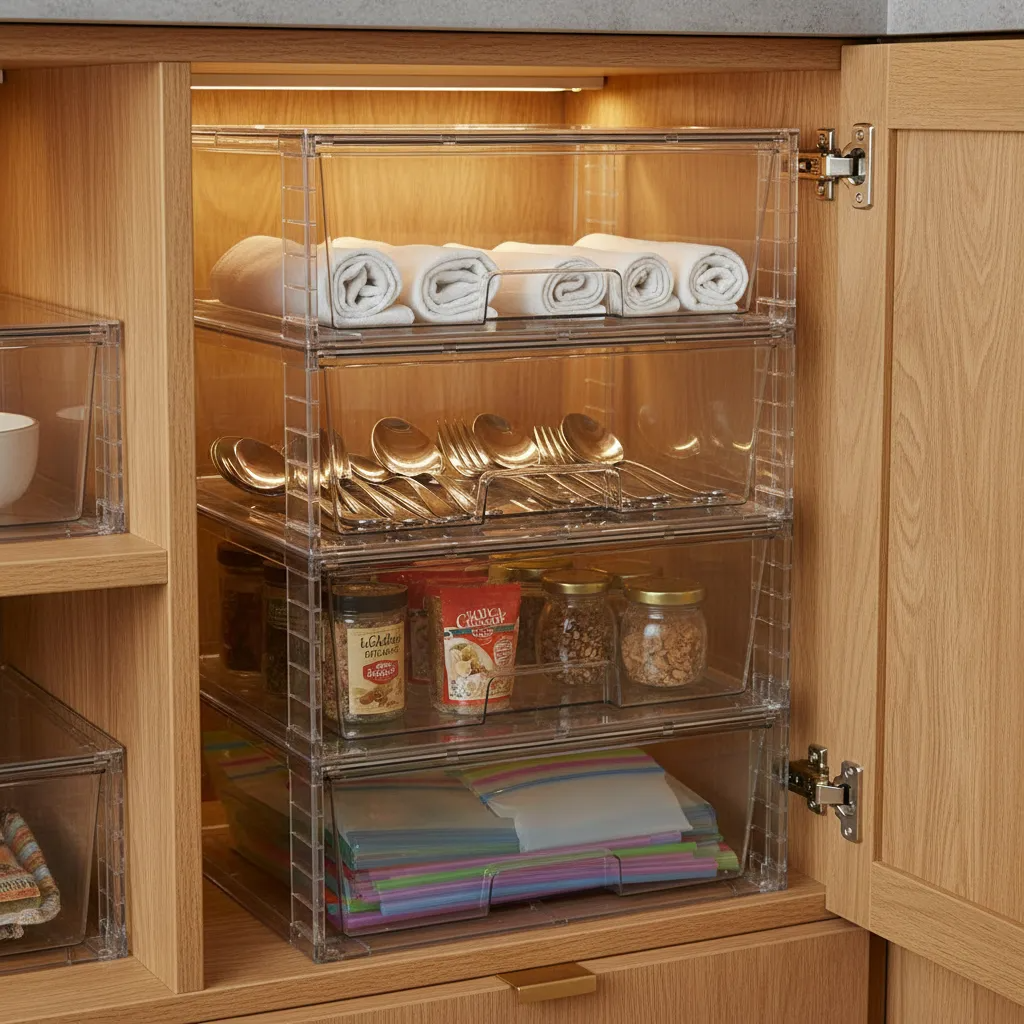 Un armario organizado con contenedores de plástico