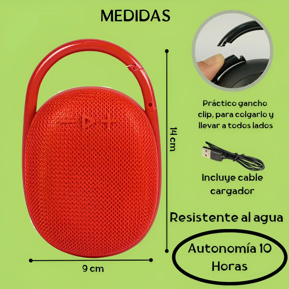 Altavoz Bluetooth portátil de color azul, con mosquetón incorporado, en su embalaje y cable de carga.