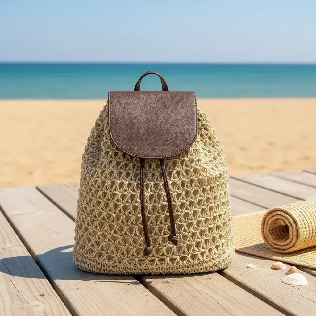 Mochila tejida de color tostado con solapa y cordón de cuero marrón, sobre una plataforma de madera junto a una playa.