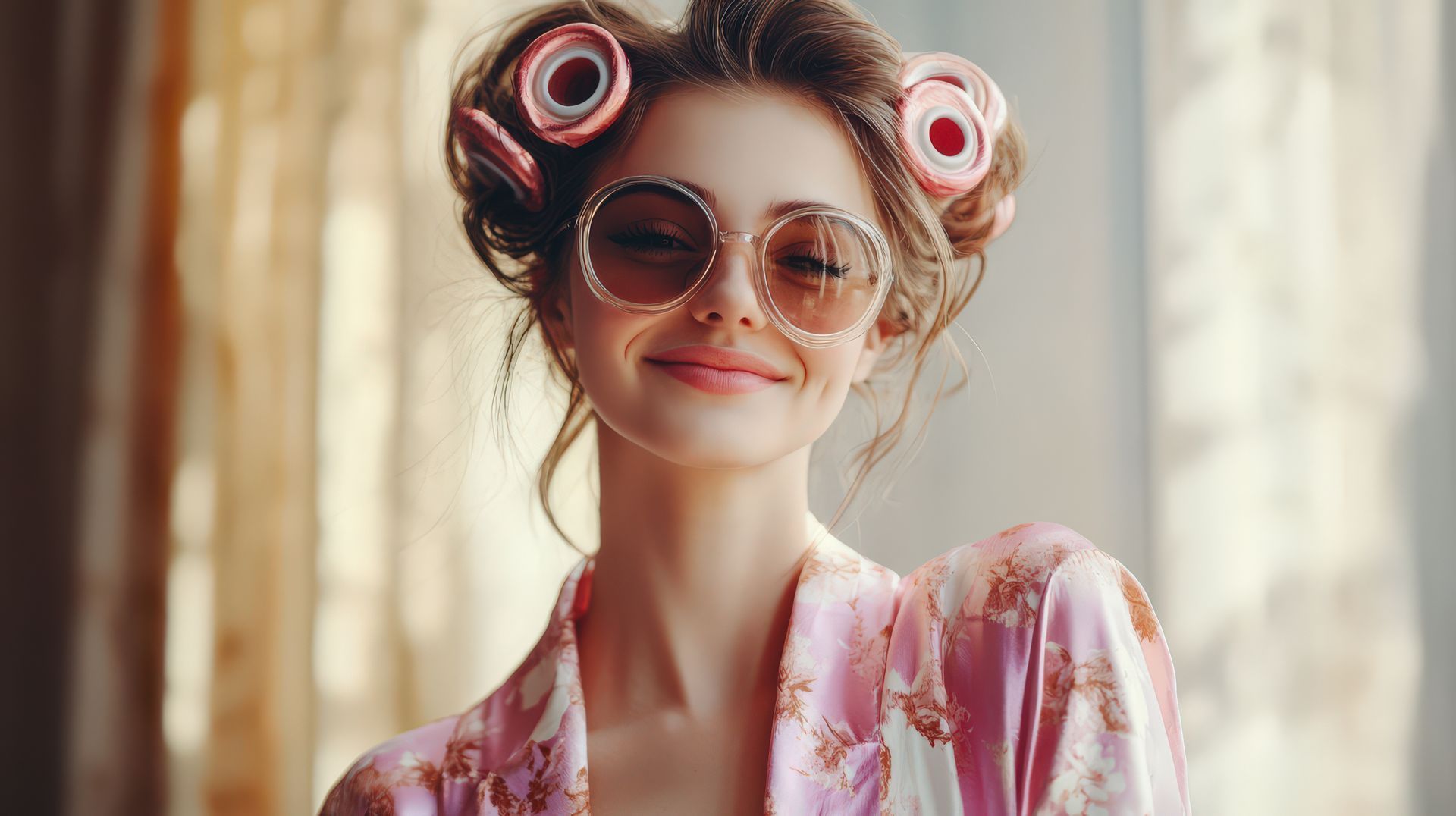 Eine Frau mit Lockenwicklern im Haar und Sonnenbrille lächelt.
