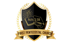 Gold and black church logo: shield with a cross, open book (Acts 2:38), hands praying, and