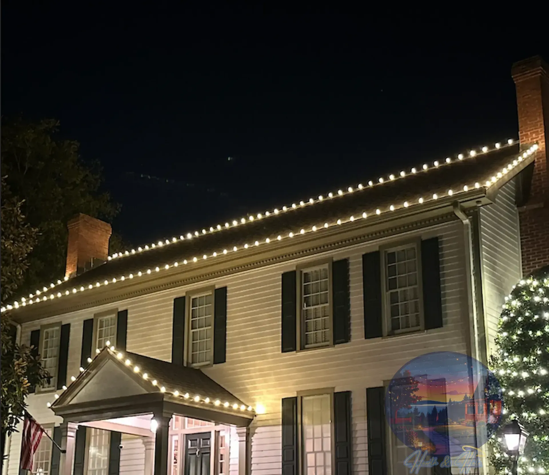 warm white c9 bulbs tracing the top of the roof showing all features