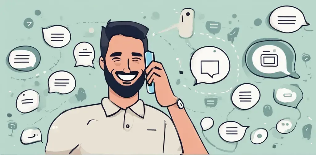 Man smiles while on phone; chat bubbles float around him. Light blue-green background.