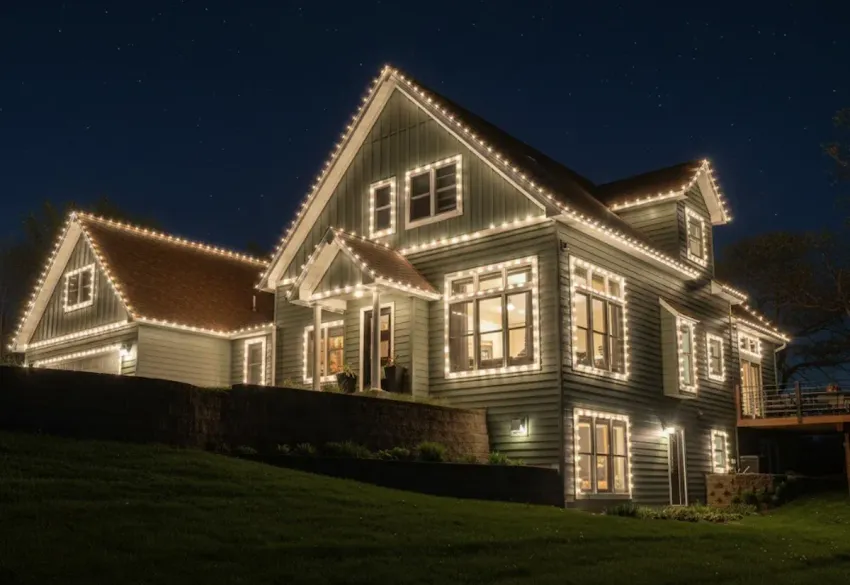 House at night with white Christmas lights outlining the roof, windows, and trim.