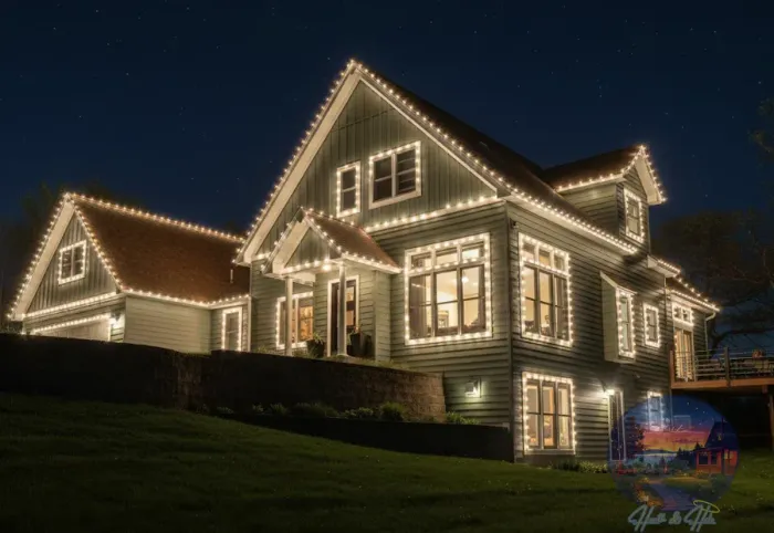 House at night with white Christmas lights outlining the roof, windows, and trim.