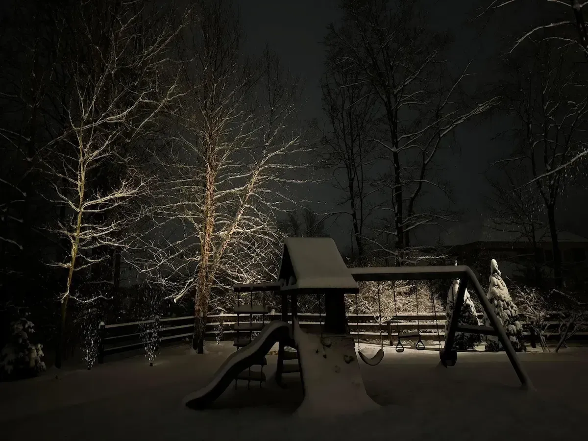 Snow-covered playground at night; trees with twinkling lights in a dark, wintery setting.