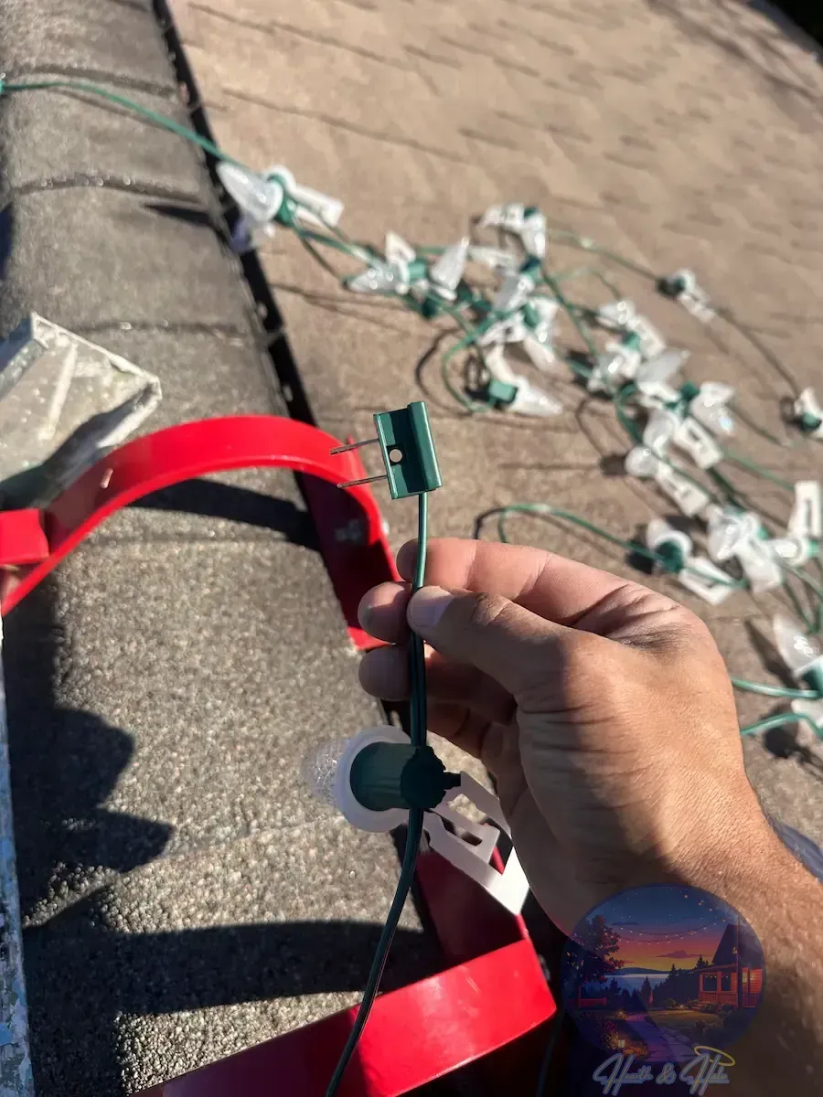 Hand holding a green Christmas light connector on a rooftop with other lights in the background.
