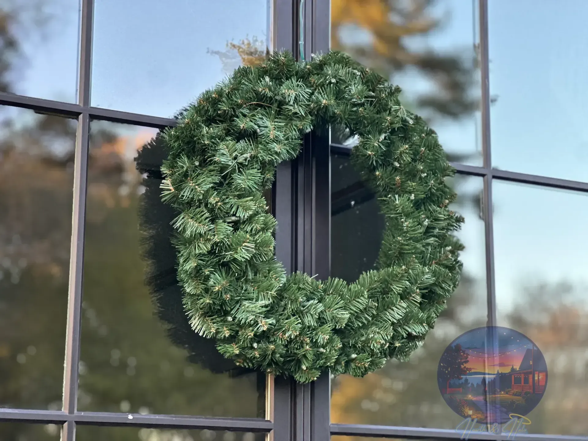 Green Christmas wreath hanging on black-framed window, with outdoor reflections.