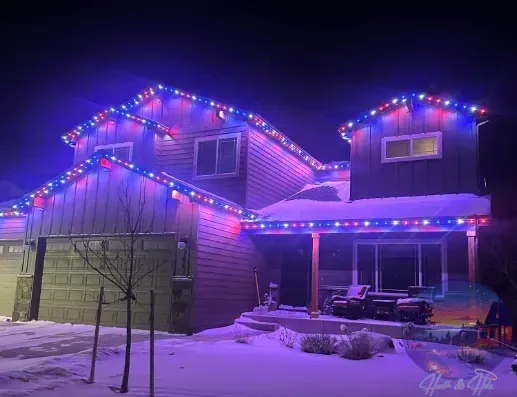 House with blue and red Christmas lights, covered in snow at night.