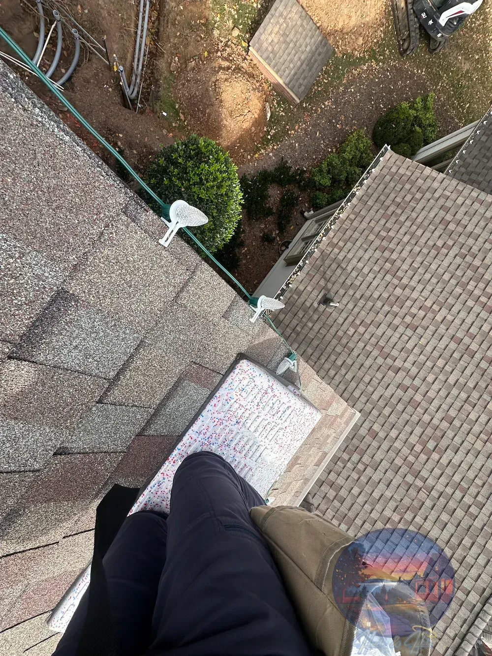 Trees wrapped in string lights illuminate a grassy park at night, with a building in the background.