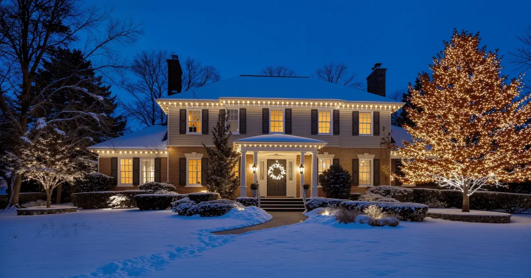 House decorated with landscape lighting, Christmas lights, covered in snow, at night.