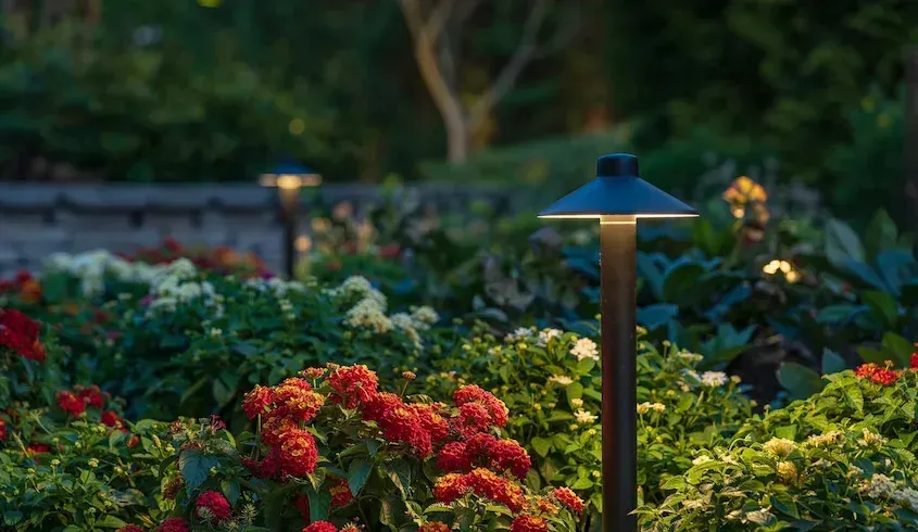 Garden path lights illuminating colorful flowers at dusk.