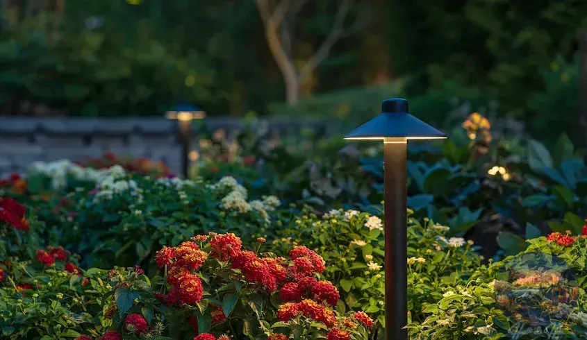 Landscape lighting illuminates a garden of red and white flowers at dusk.