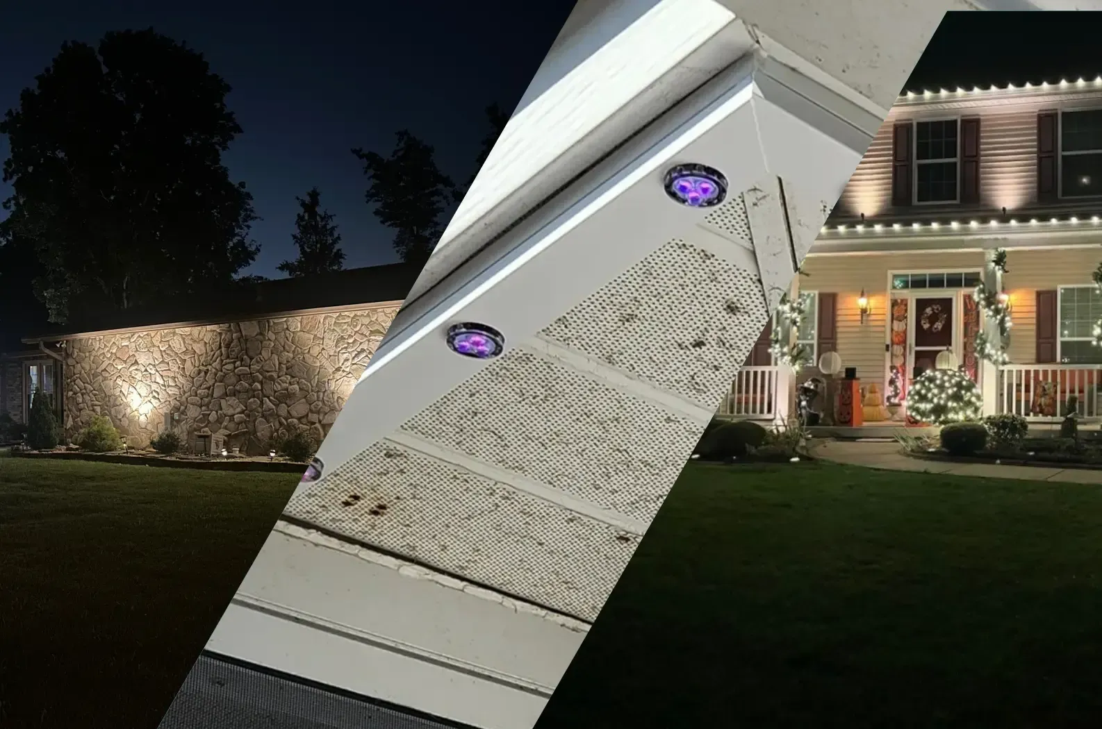 A split-screen showing a house exterior at night illuminated by small, circular accent lights mounted on white siding.