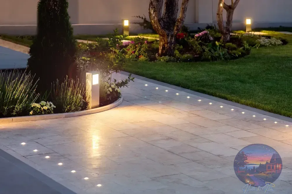 Lit pathway with recessed lights in stone leading towards a garden and lawn, illuminated by more lights.