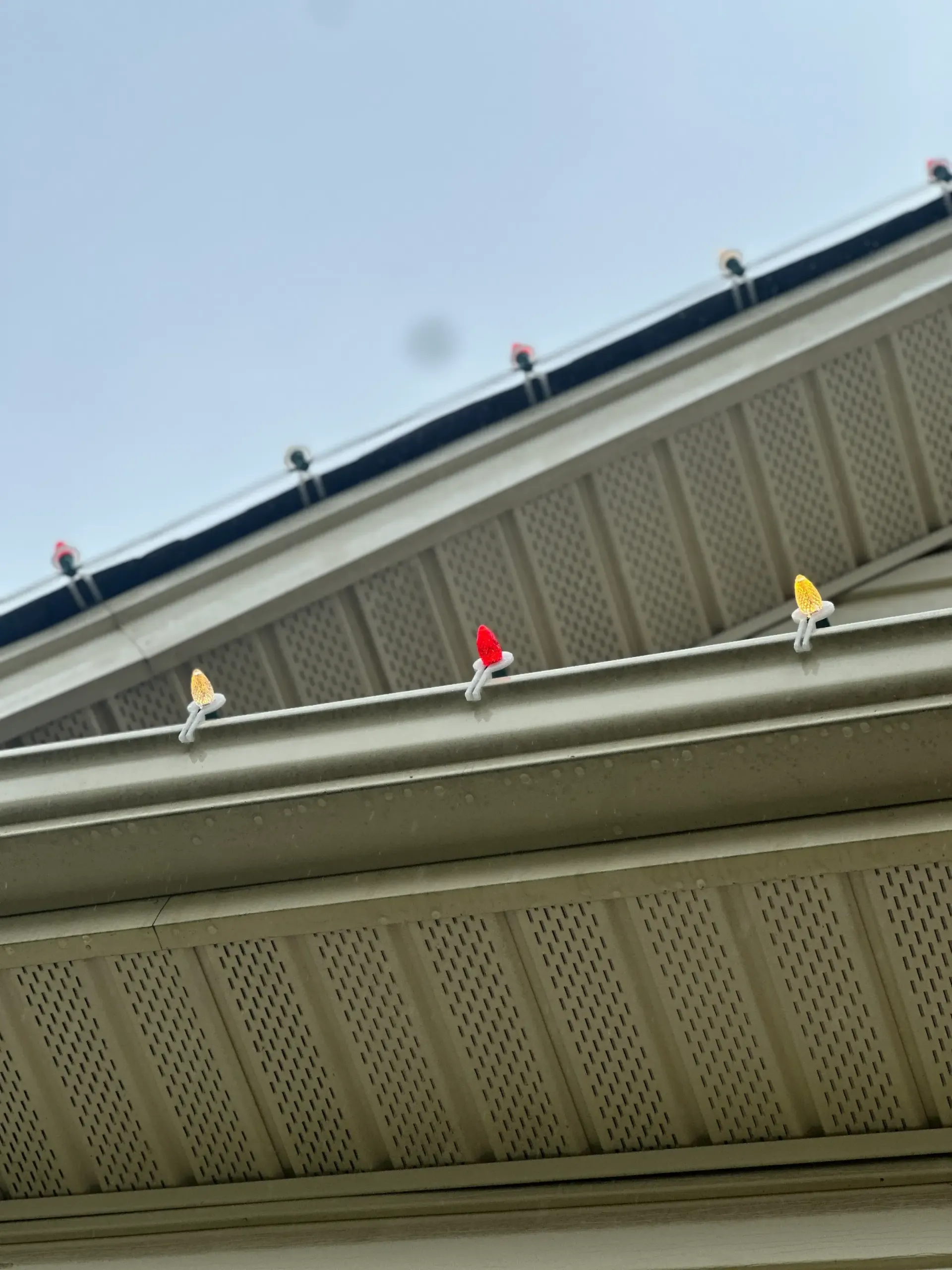 Colored bird-shaped lights clipped to the edge of a house's roof.