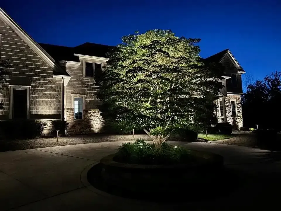 House with outdoor lighting illuminating the facade and a tree in a circular bed on the driveway.