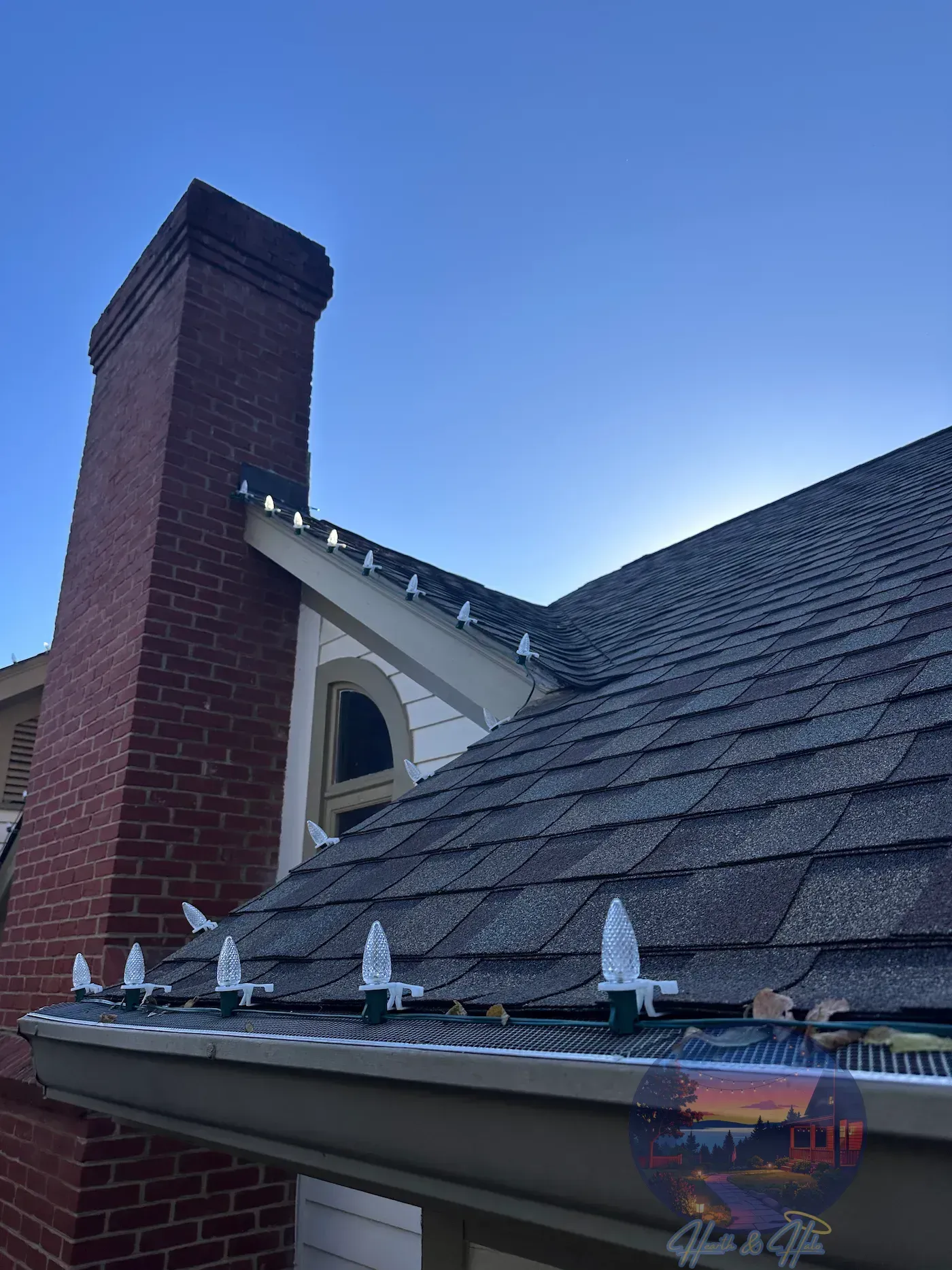 c9 bulbs clipped on shingles crosing over to other roof section