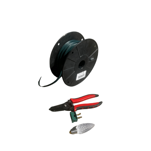 Spool of dark green wire, wire cutters, a light bulb, and a plug, against a white background.