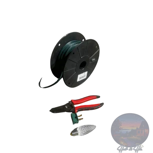 Spool of dark green wire, wire cutters, a light bulb, and a plug, against a white background.