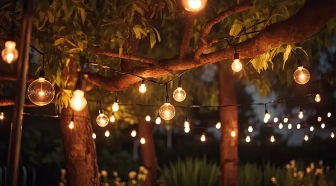 Warm string lights illuminate a tree at dusk, creating a cozy outdoor atmosphere.