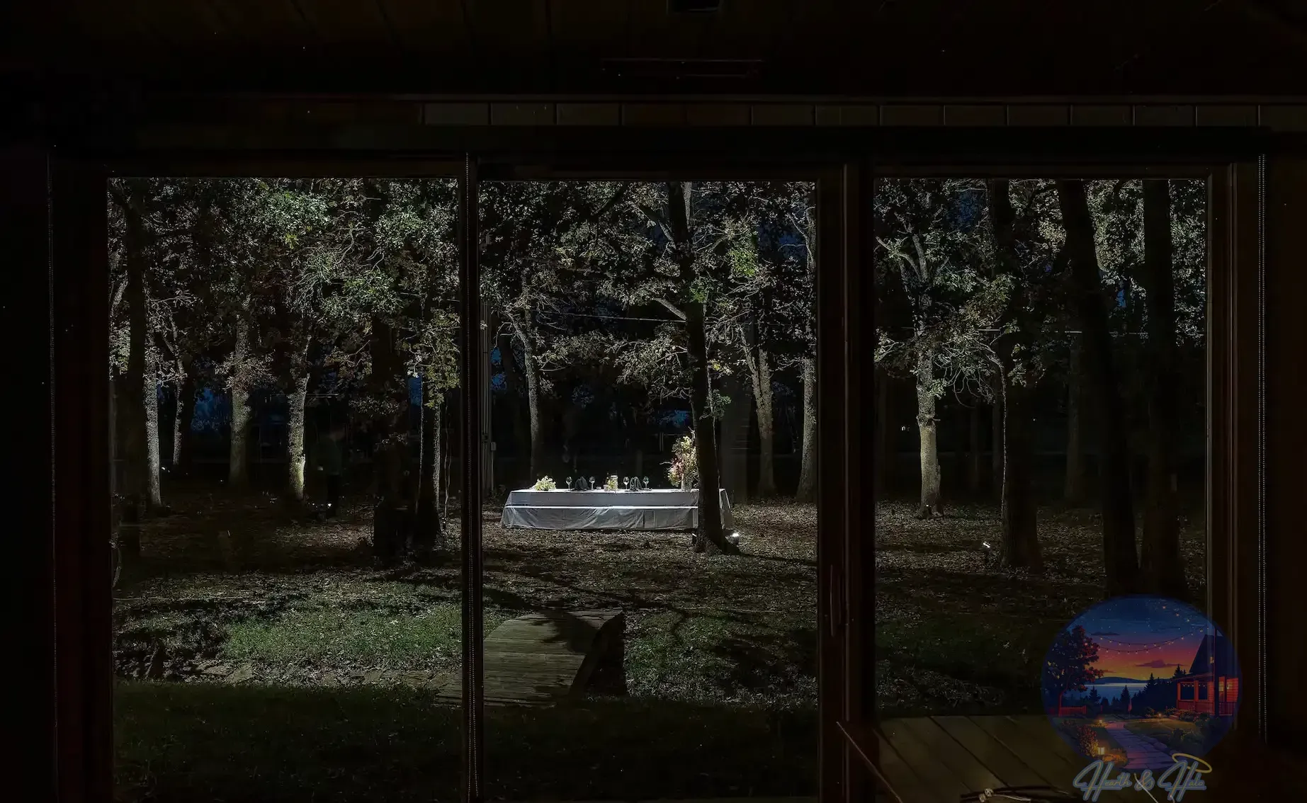 View through window of a dark forest at night. Trees and a road are visible, with dark shadows and light.