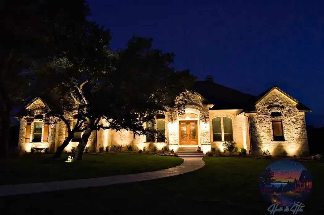 Stone house illuminated at night, pathway leads to front door, tree to the left.