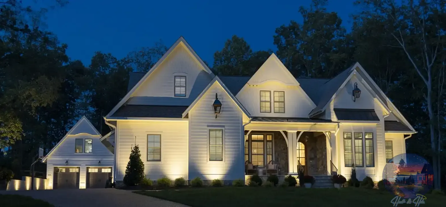 White house illuminated at night with multiple gables, porch, and garage. Dark blue sky and trees in background.