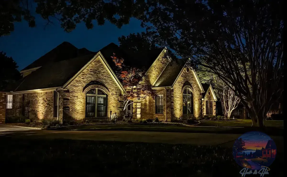 House at night, lit by spotlights, with dark blue sky and trees.