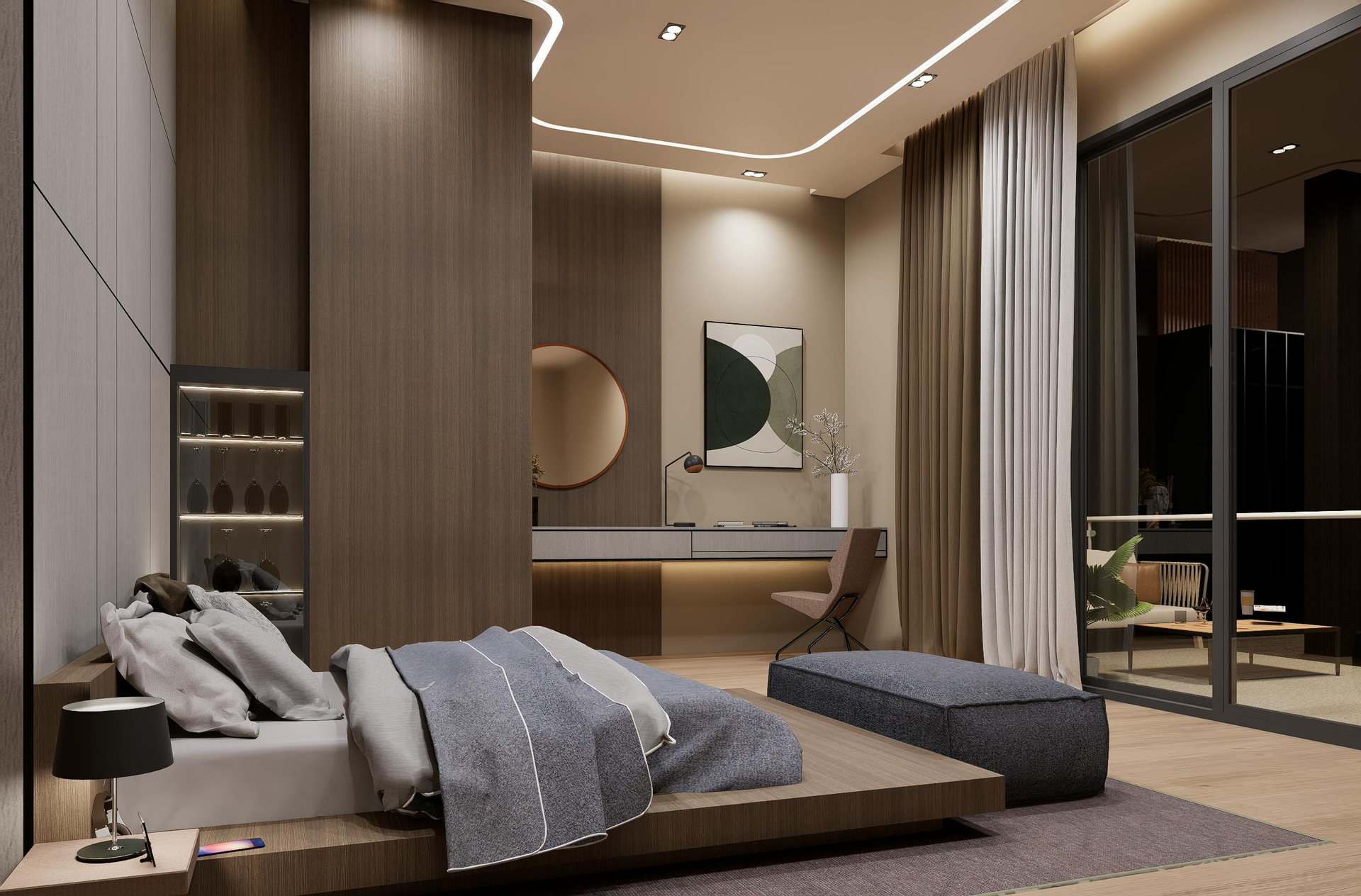 A modern, neutrally toned bedroom featuring a low platform bed, a sleek desk with a mirror, and floor-to-ceiling windows.
